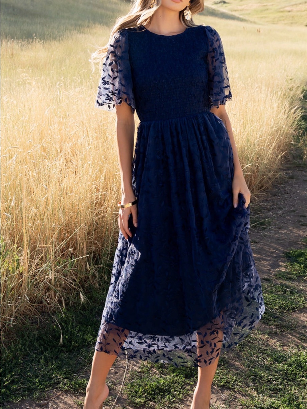 Baltic Born Navy Blue Midi Dress with Floral Sheer Sleeves